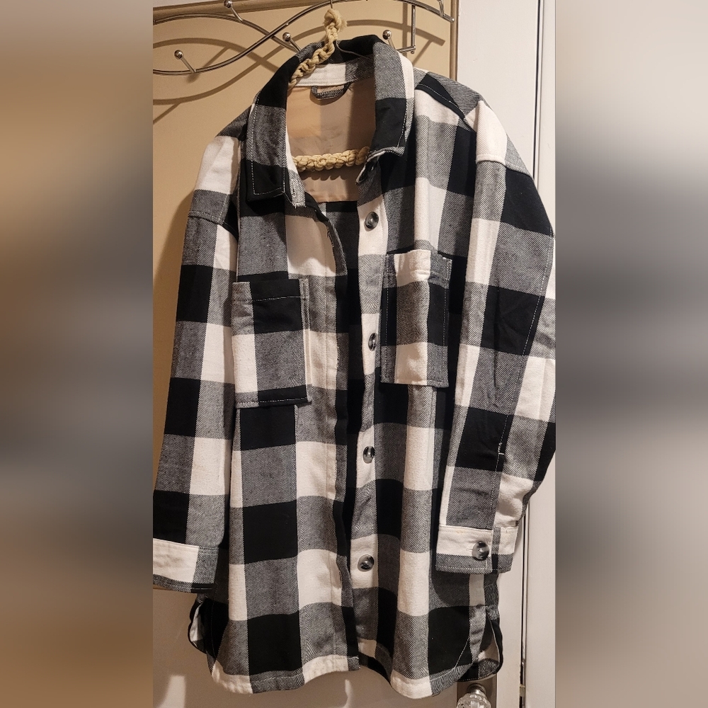 Plaid Black and White Women's Jacket  Roomy Large Flannel Shacket